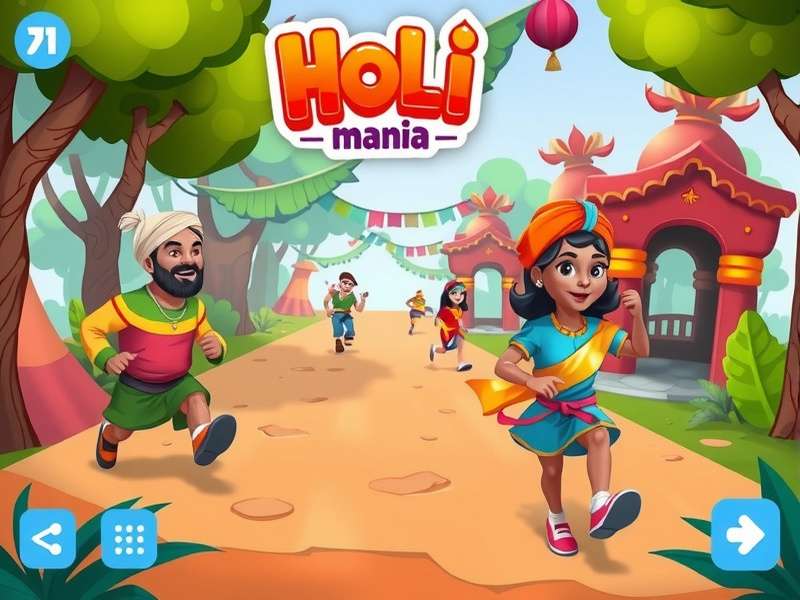 Holi Run Mania gameplay screenshot showing colorful characters and environments